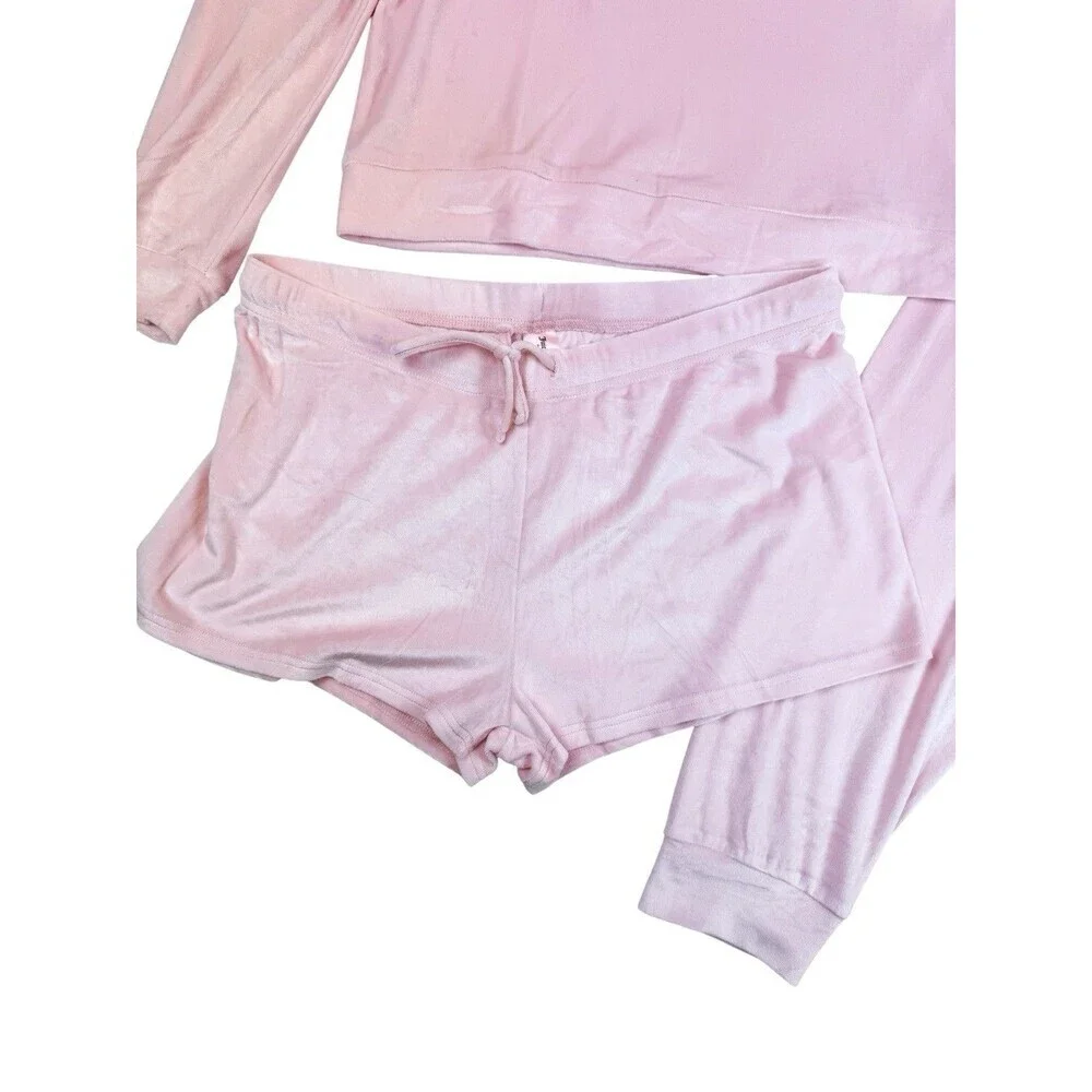 Juicy Couture Pink Velour 3 Piece Pajama Lounge Set Rhinestone Logo L